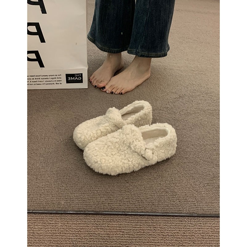 加绒秋冬保暖毛毛棉鞋女冬2025新款羊羔毛勃肯单鞋豆豆鞋内增高