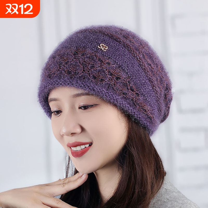 双层帽子女冬季松鼠绒镂空新款针织毛线帽双层保暖护耳堆堆包头帽