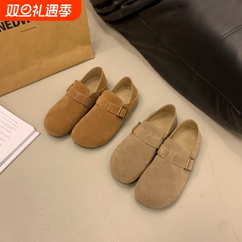 复古全包勃肯鞋女2025春秋休闲一脚蹬平底磨砂大码女鞋单鞋圆头