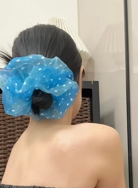 蓝眼泪韩系蓝色网纱波点大肠发圈女高级感慵懒风发绳扎头发头饰