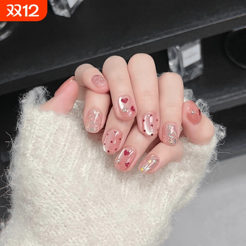 猫眼短款美甲贴片初恋高端假指甲中长款穿戴椭圆纯手工波点千金