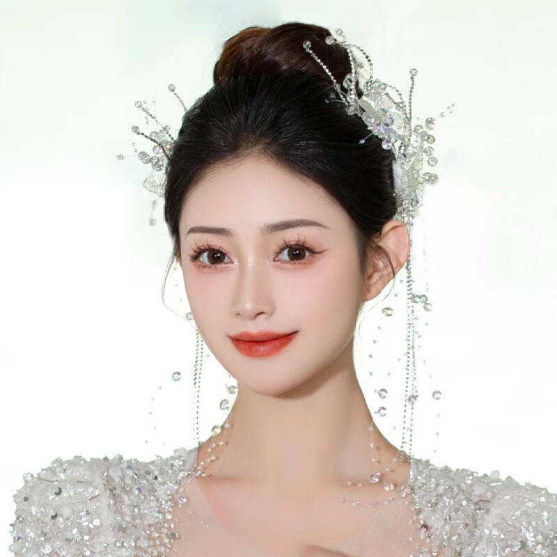韩式新娘头饰水晶发夹蝴蝶流苏对夹主婚纱拍婚纱照旅拍发饰配饰品