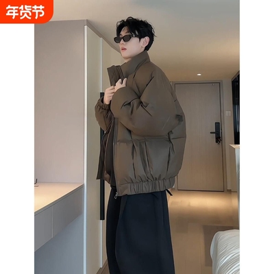 户外美拉德PU皮冬季羽绒服男款立领加厚保暖免洗棉服外黑色鸭绒