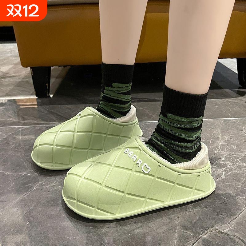 秋冬季小熊棉拖新款居家防水棉拖鞋男外穿防滑情侣包跟毛绒白色