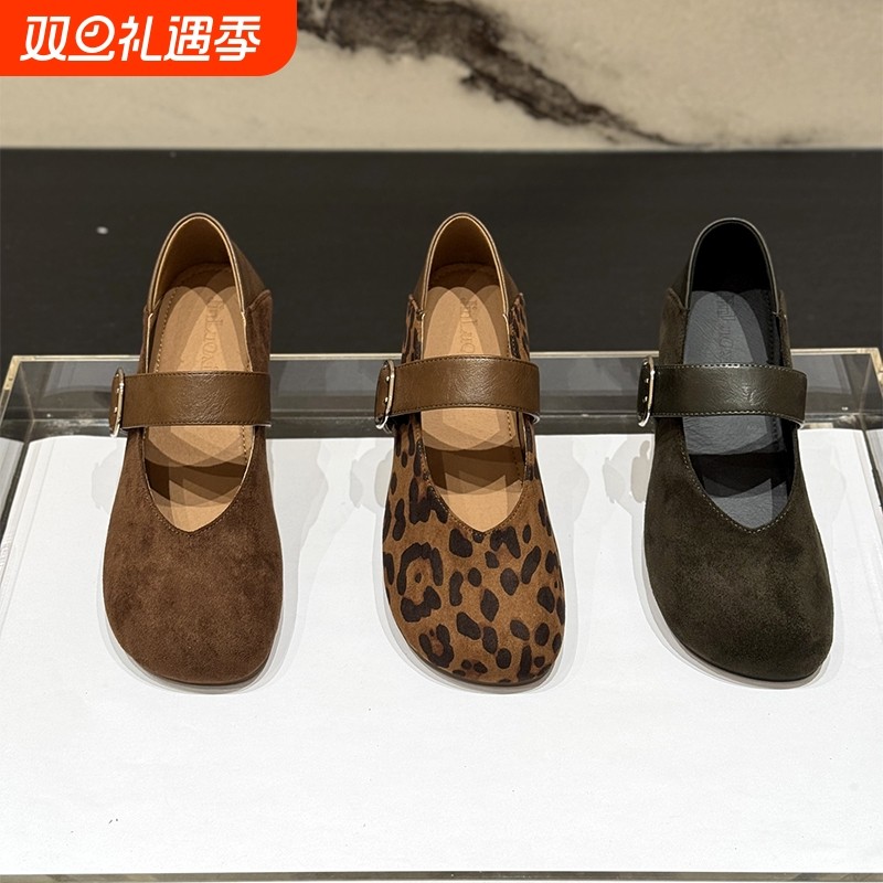 内增高圆头单鞋女2025新款秋季复古豹纹玛丽珍豆豆鞋奶奶鞋子浅口