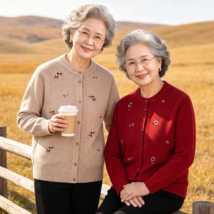 中老年人秋冬女奶奶毛衣外套妈妈春秋上衣老人针织衫开衫刺绣适合