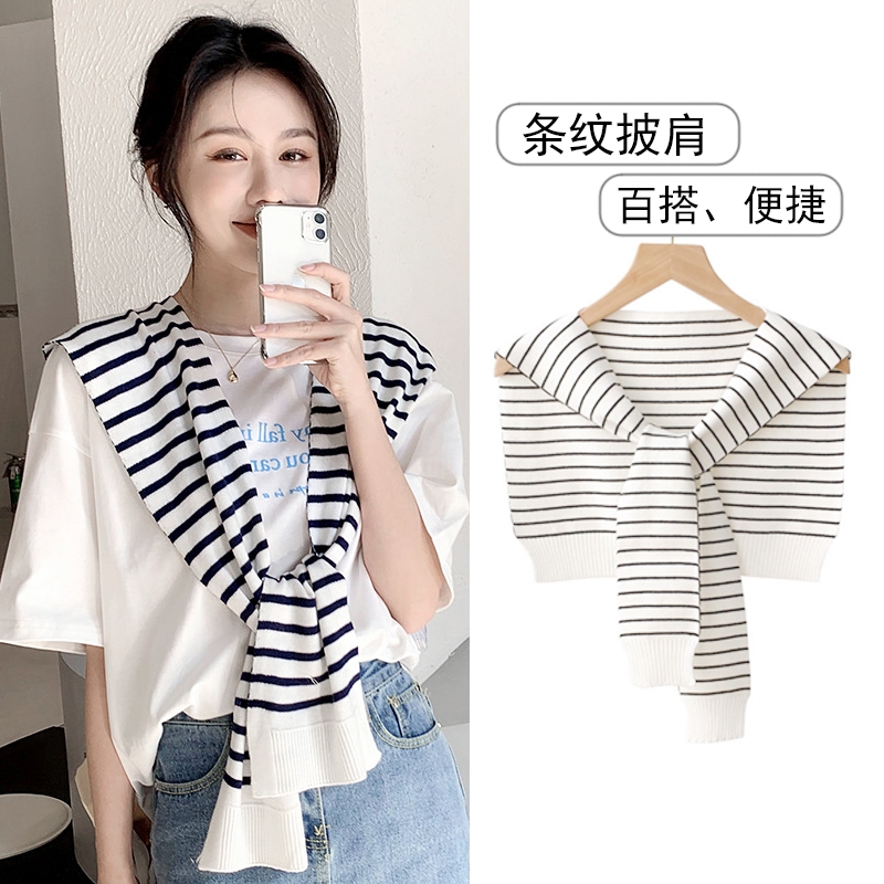 春秋搭肩小披肩外搭网红衬衫夏季针织毛线配裙子围巾女条纹多功能