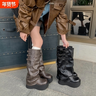 厚底增高裤管靴女长靴秋冬季新款高筒显瘦堆堆靴子高跟鞋子圆头