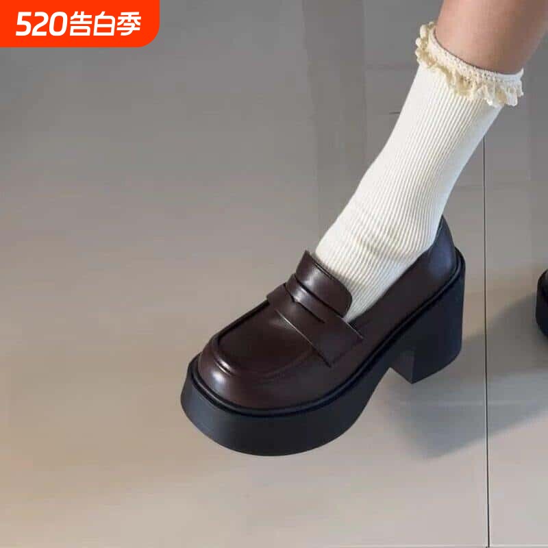 意尔康jk制服一脚蹬乐福鞋2026夏季新款覆古百搭高跟小皮鞋女哑