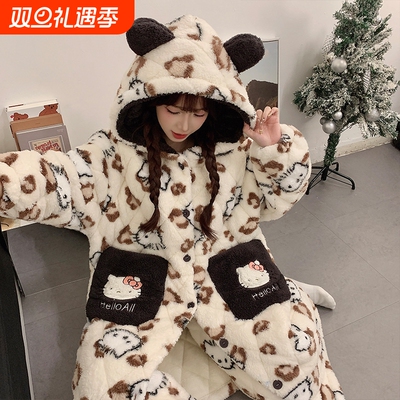 三层夹棉睡衣女冬季加厚加绒套装