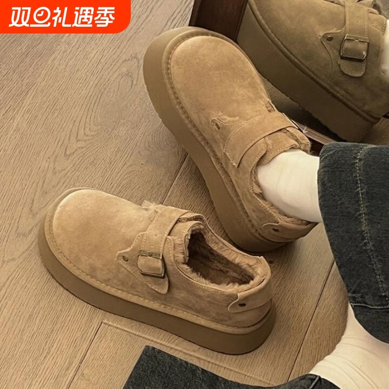 勃肯棉鞋女冬季加绒2025新款一脚蹬厚底增高大头面包鞋雪地靴毛绒