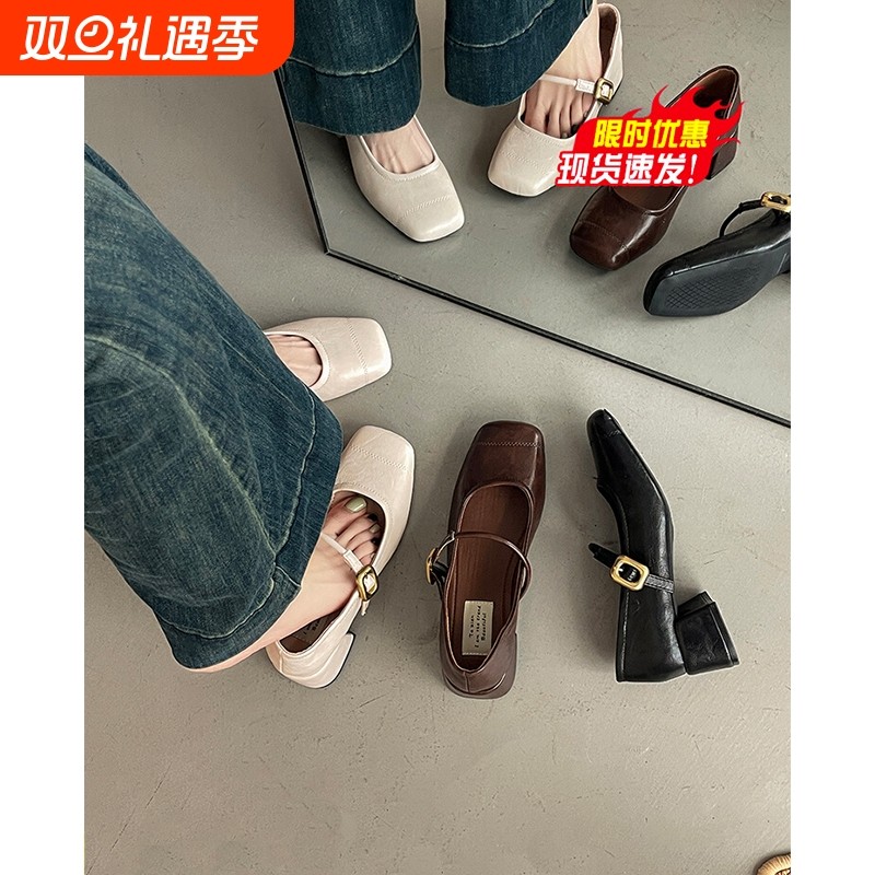 法式复古玛丽珍鞋女2025年秋季新款浅口方头粗中跟配裙子单鞋圆头