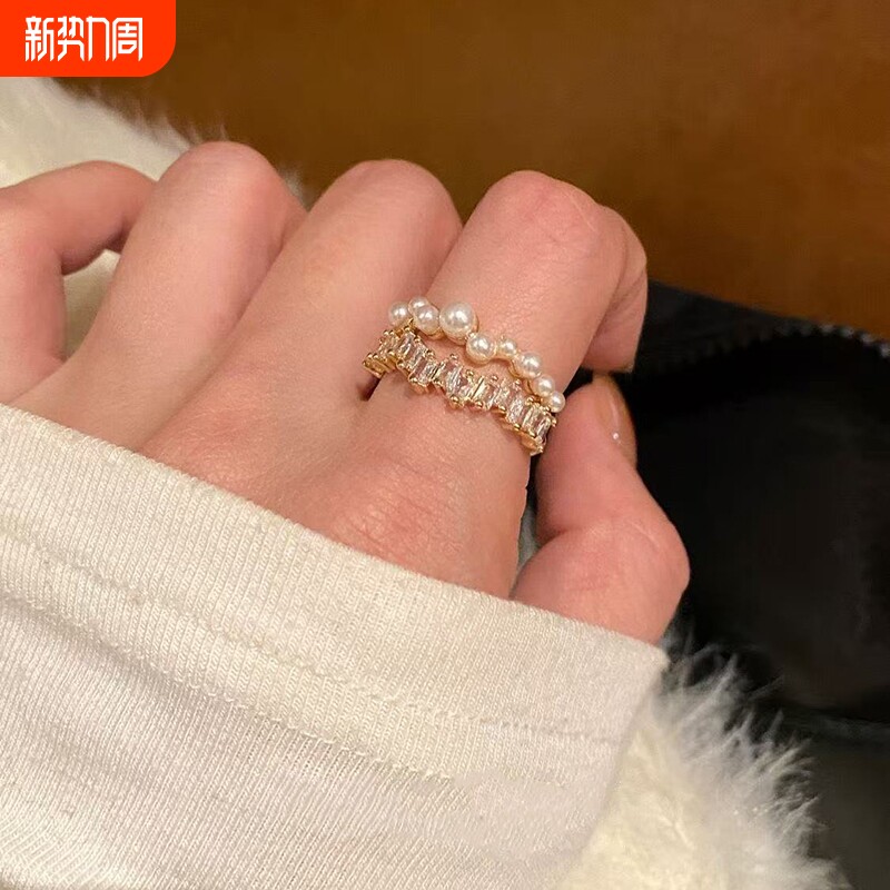 锆石珍珠双层金属开口戒指女轻奢复古显白精致时尚百搭指环戒指