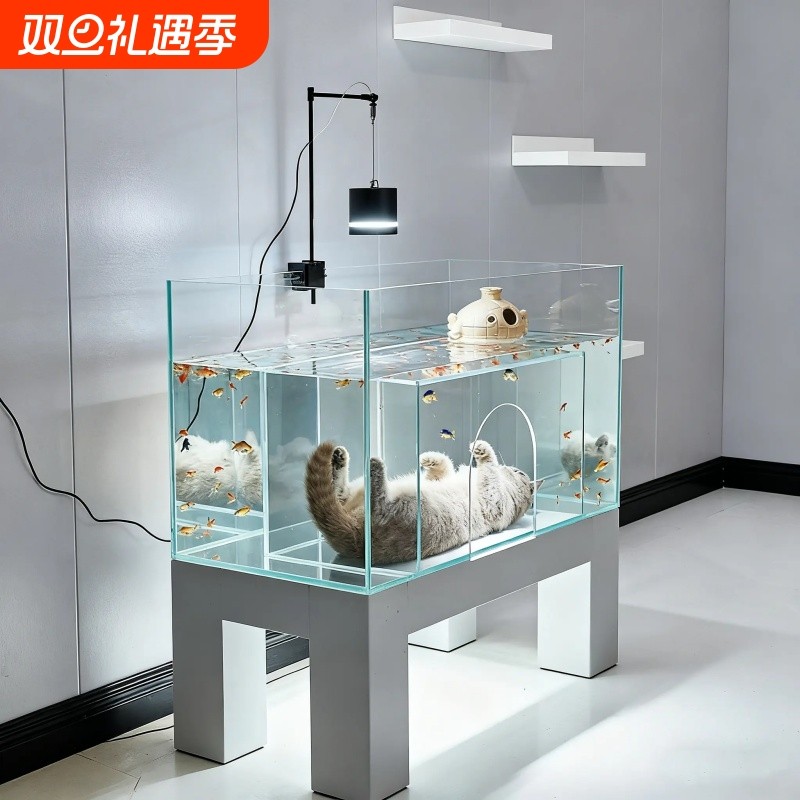 鱼缸猫窝鱼缸一体猫咪海景房观赏鱼缸猫咪住进鱼缸家用小型超白缸