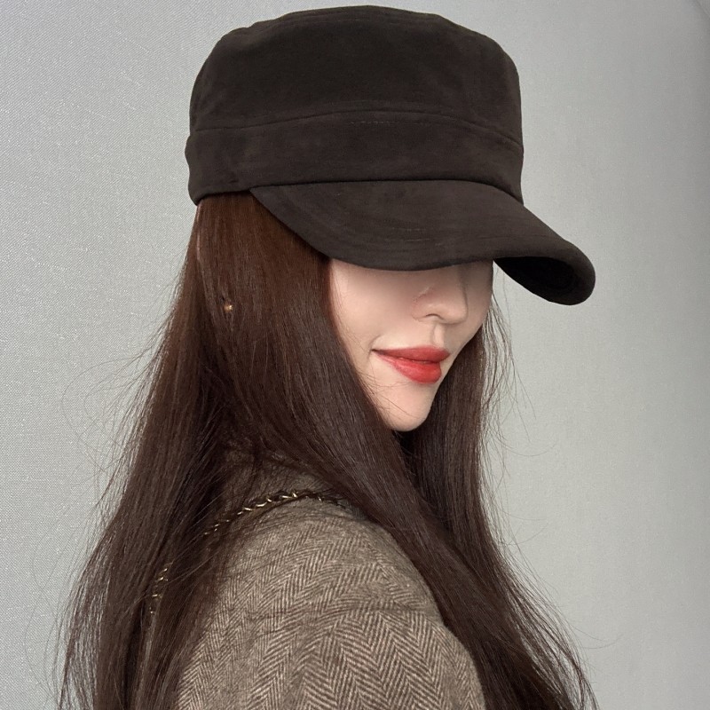 25秋/显高颅顶平顶帽韩女感麂皮绒马术帽休闲卡其色黑色咖啡色