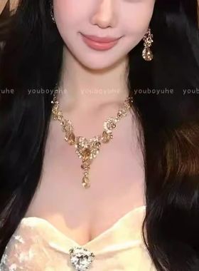 千金琉璃~超闪金色水滴项链女轻奢精致名媛耳环夸张晚宴礼服配饰