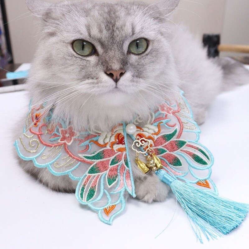 汉服配饰披肩宠物围巾国风流苏猫咪狗狗围兜蓝色莲花刺绣中式围脖