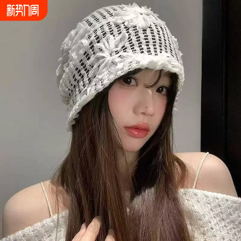 时尚薄款蕾丝亮片花朵套头帽女复古日系夏季头巾帽气质网纱帽潮