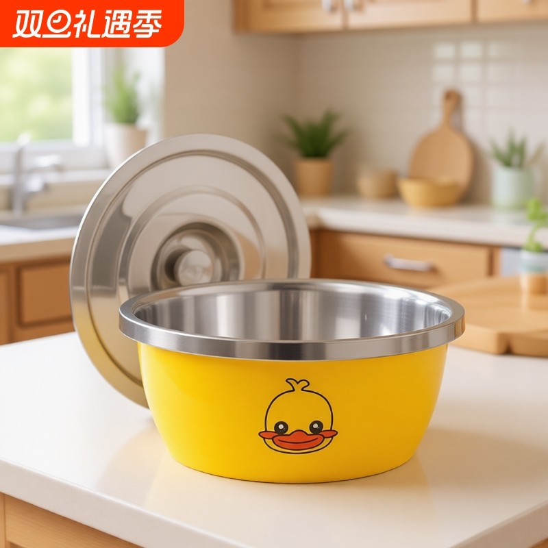 食品级小黄鸭不锈钢盆子带盖打蛋调料盆和面盆彩色盆洗菜盆料理盆