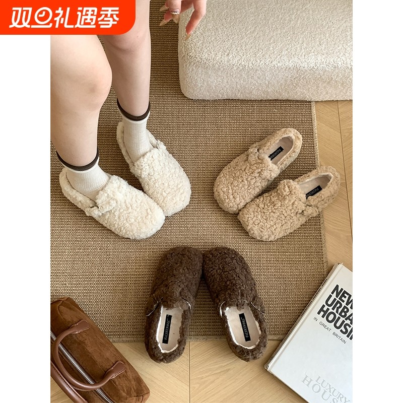 ~厚底羊羔毛女冬外穿保暖棉鞋加绒勃肯鞋一脚蹬豆豆鞋内增高白色
