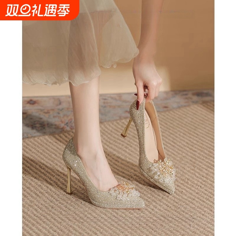 绝美水晶高跟鞋女新款禾秀婚纱两穿婚鞋细跟不累脚防水台浅口水钻