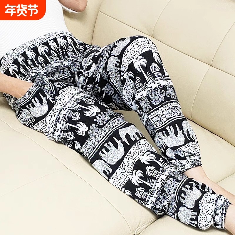 泰国瑜伽灯笼裤子女夏季波西米亚宽松人造棉绸阔腿大象花沙滩长裤