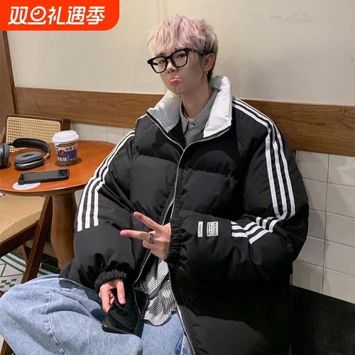 户外冬季羽绒服青少年新款宽松外套立领面包服袄子休闲三杠潮流男