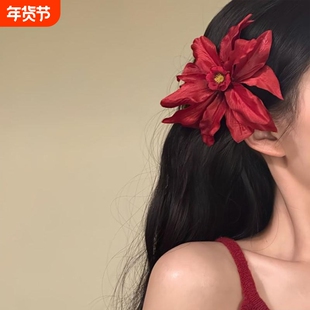 野心家原创【火媚花畔】海边度假花朵发夹复古红色高级感发饰发卡