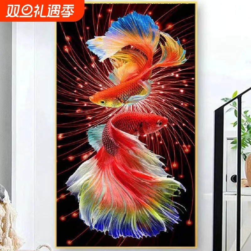 七彩锦鲤十字绣线绣自己绣2025新款客厅钻石画竖版年年有鱼玄关
