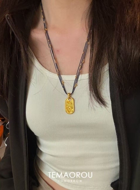 藏蓝色手工编绳点钻骏马椭圆牌吊坠项链设计高级感百搭毛衣链新款