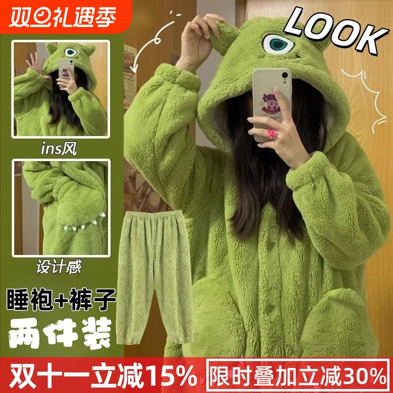 大眼仔珊瑚绒睡衣女秋冬季睡袍加厚长款毛绒保暖睡裙卡通可爱套装