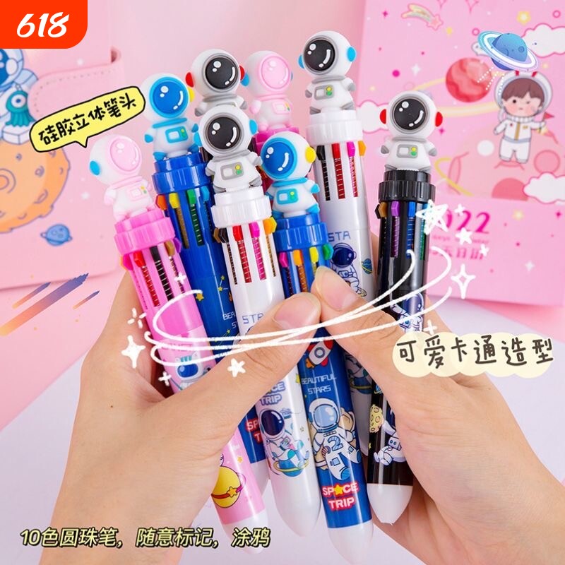 卡通熊猫太空人公仔十色笔按压式创意手账标记笔按动圆珠笔记号笔