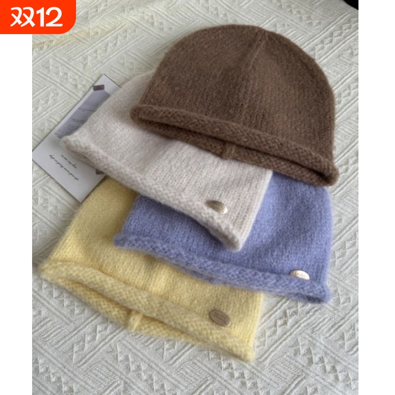 经典百搭纯色卷边毛线帽