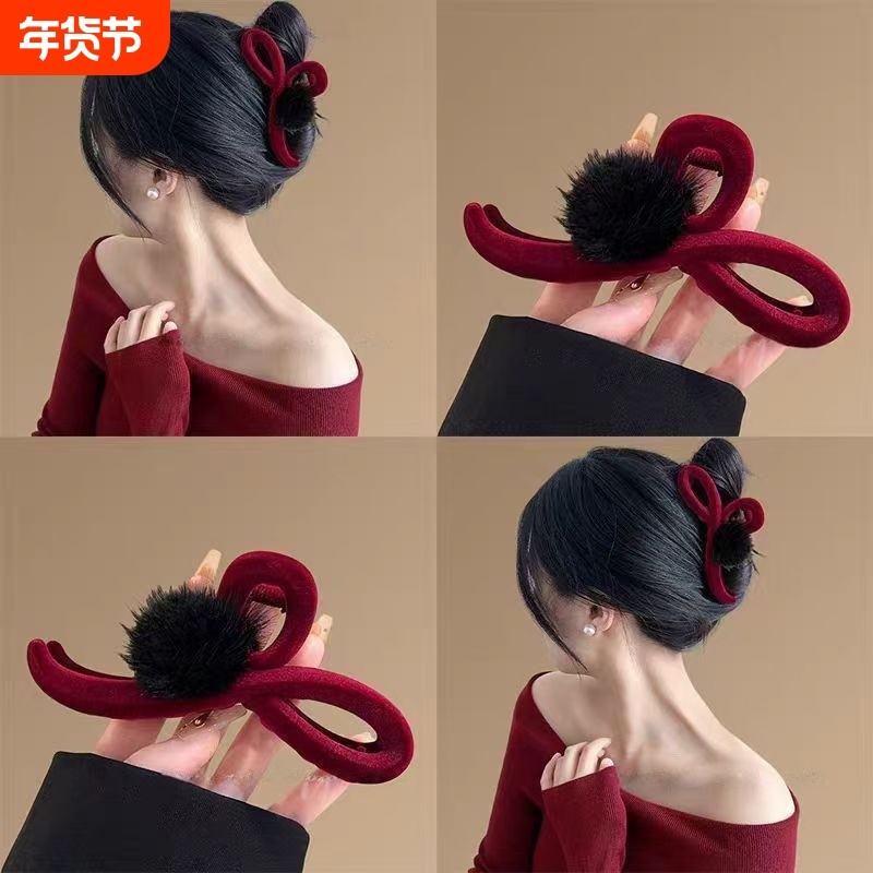 新年冬季毛毛抓夹新款红色高级丝绒鲨鱼大号夹子头饰后脑勺发夹