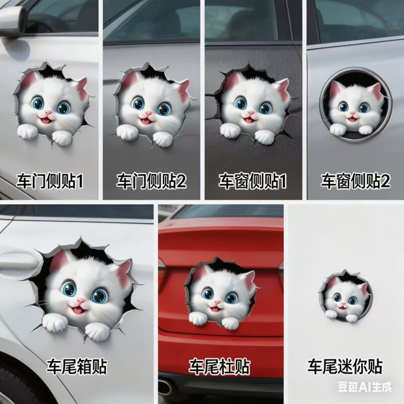破洞白猫车身挡风装饰遮挡划痕门窗贴纸卡通可爱电动车贴汽车贴纸