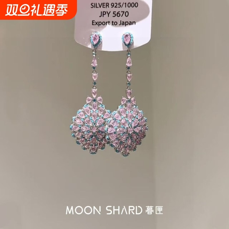 爆闪粉蓝撞色花朵耳钉女小众设计夸张高级感重工精致气质绝美耳饰