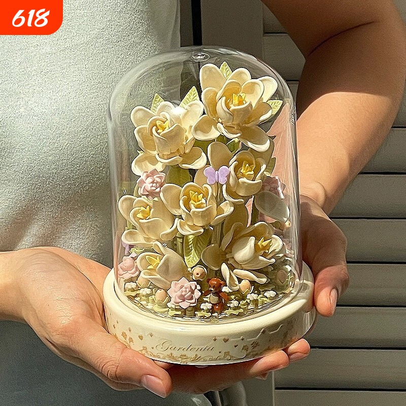 积木花植物盆栽女孩永生花小颗粒玫瑰花摆件女生玩具生日礼物闺蜜