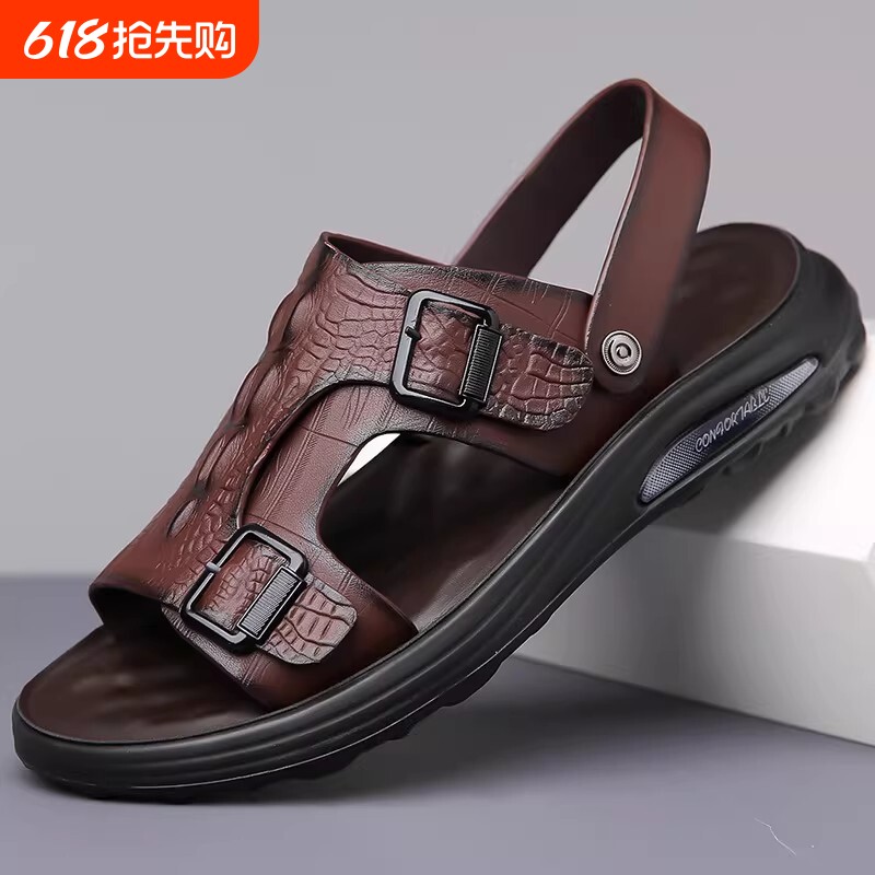 真皮凉鞋男款夏季外穿休闲鞋软底沙滩鞋男士鳄鱼皮凉拖鞋凉夏牛皮
