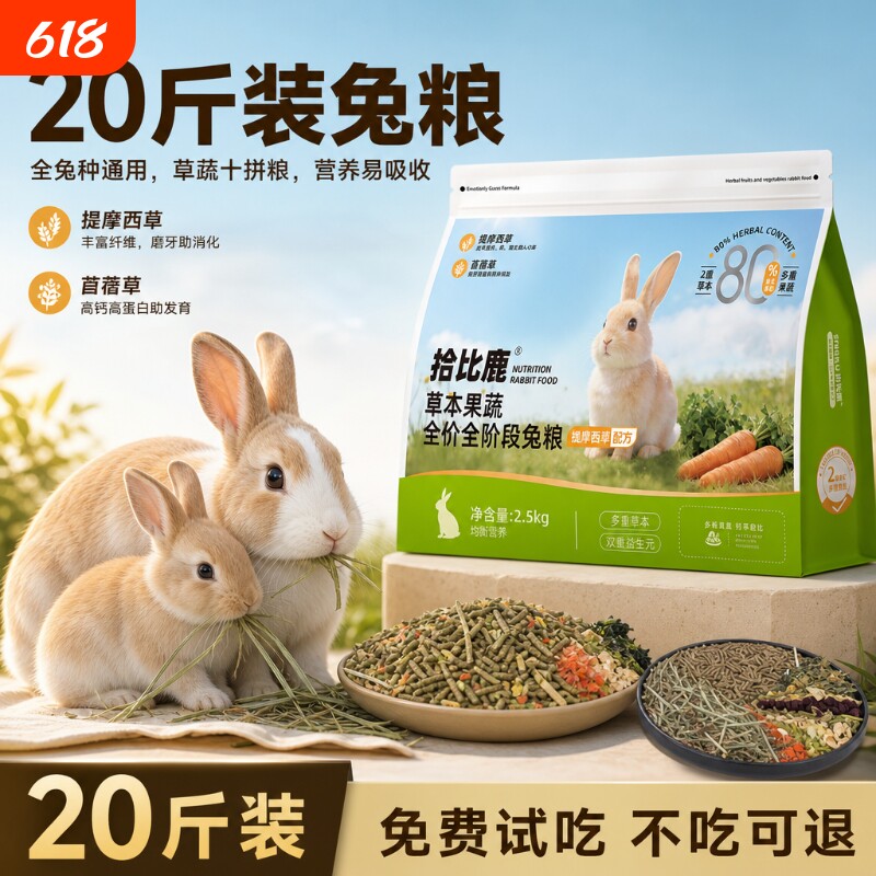 兔粮20斤装兔子饲料幼兔成兔侏儒兔专用提摩西草苜蓿草10斤冻干粮