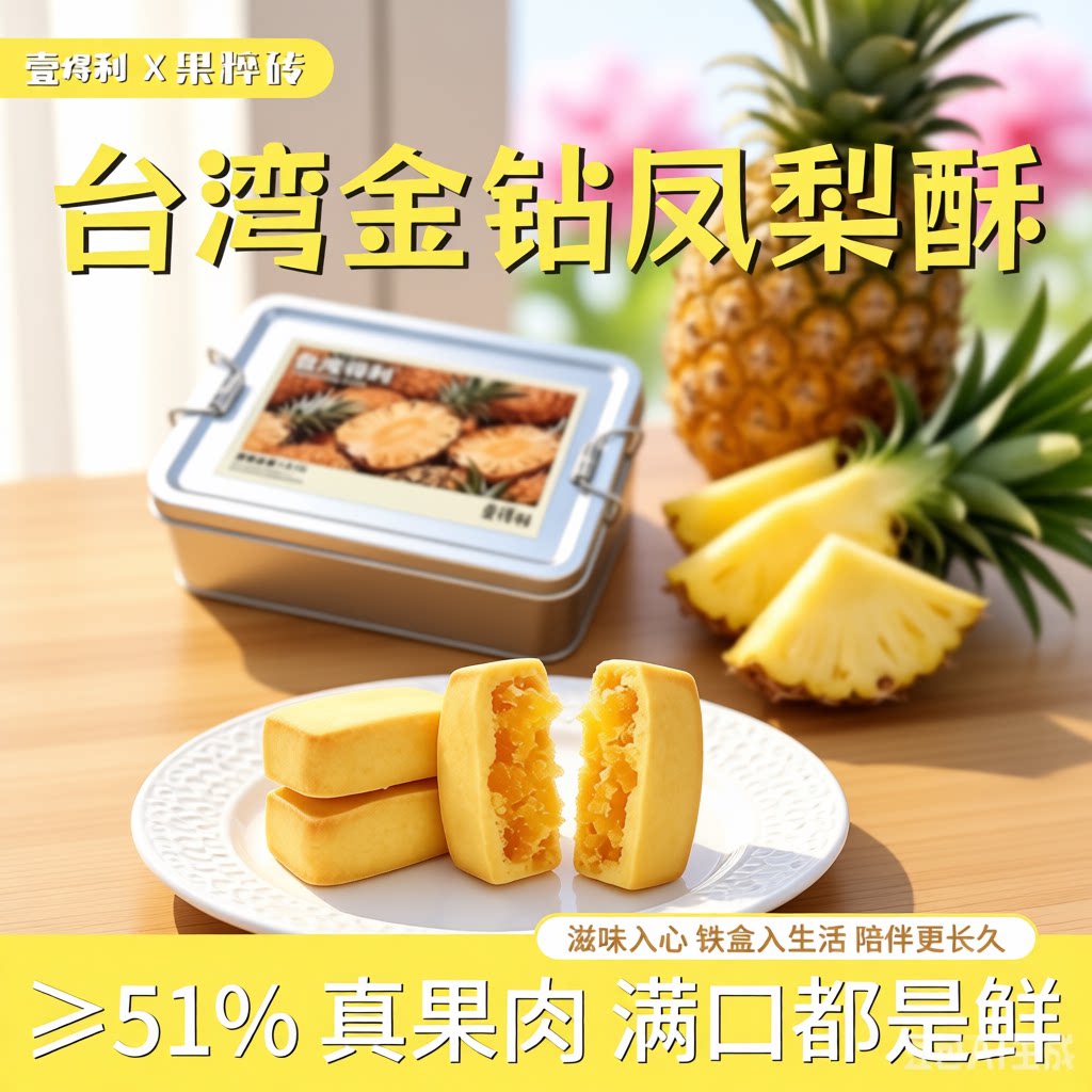51%果肉台湾金钻凤梨酥糕点办公休闲零食小吃饱腹绿豆送礼铁盒
