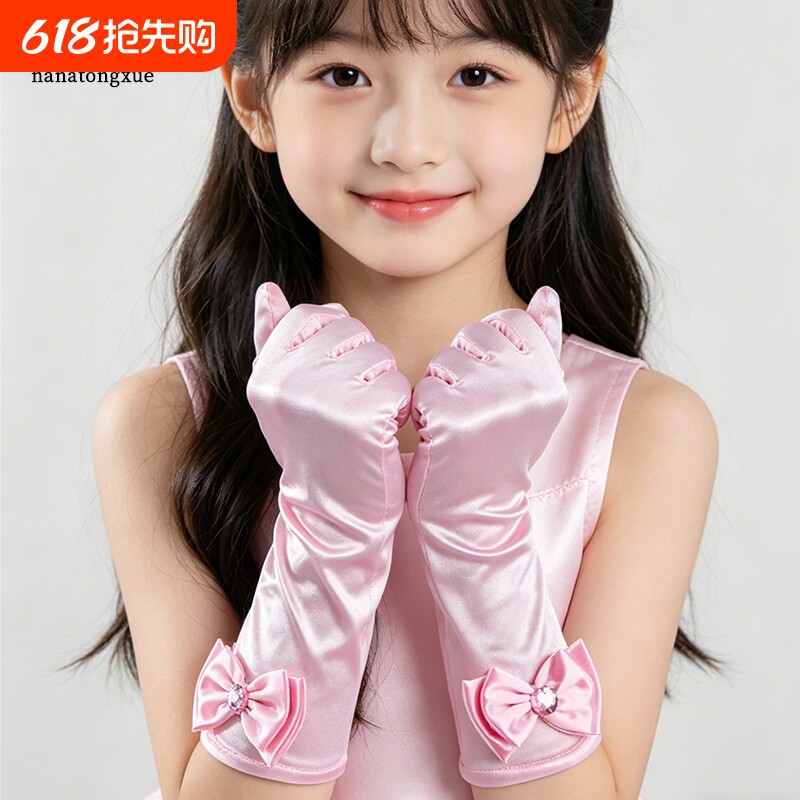 儿童演出花童缎面手套全指蝴蝶结手套女童春秋薄款晚礼服长款手套