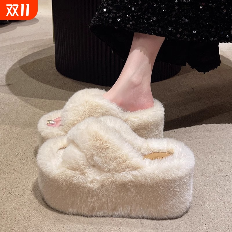 小个子厚底增高8cm毛毛拖鞋女2025秋冬款外穿高级感松糕加绒棉拖