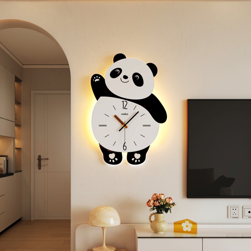 美世达熊猫客厅挂钟2026新款免打孔创意时钟壁灯静音儿童钟表餐厅