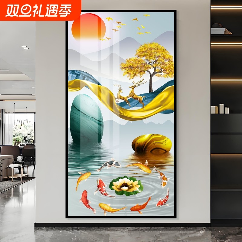 麋鹿入户玄关装饰画客厅墙贴画自粘背景墙走廊墙壁纸画5d立体贴纸