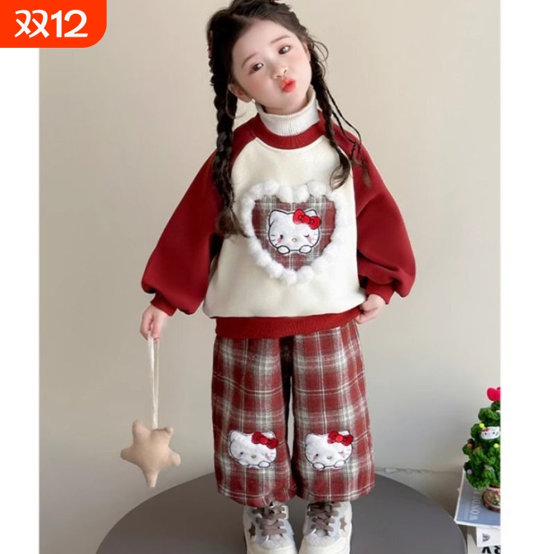 女童加绒加厚套装2025新款秋冬宝宝洋气卫衣儿童百搭格子裤HDD432