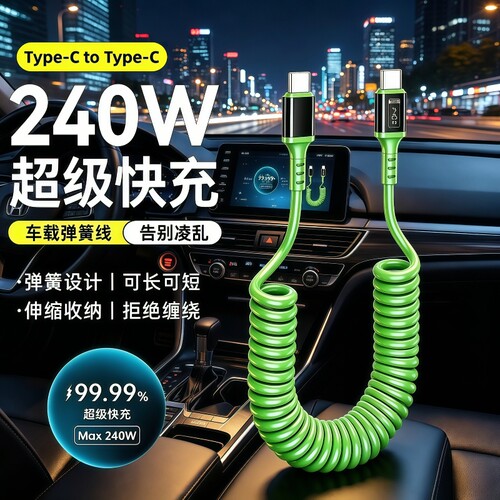 车载充电线Type-c超级快充弹簧伸缩数据线适用华为VIVO荣耀OPPO一加小米手机通用苹果15/16/17平板IPad闪充线