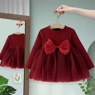 童装春秋季新款女宝宝洋气长袖公主裙儿童甜美蝴蝶结连衣裙子