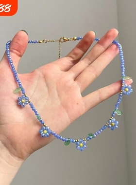 小清新蓝色花朵串珠项链女小众设计度假风甜美高颜值百搭锁骨链