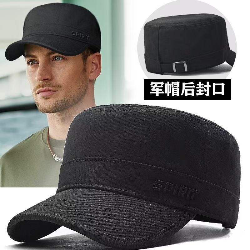 男士中老年户外春秋平顶新款封口鸭舌帽纯棉休闲百搭帽子刺绣黑色