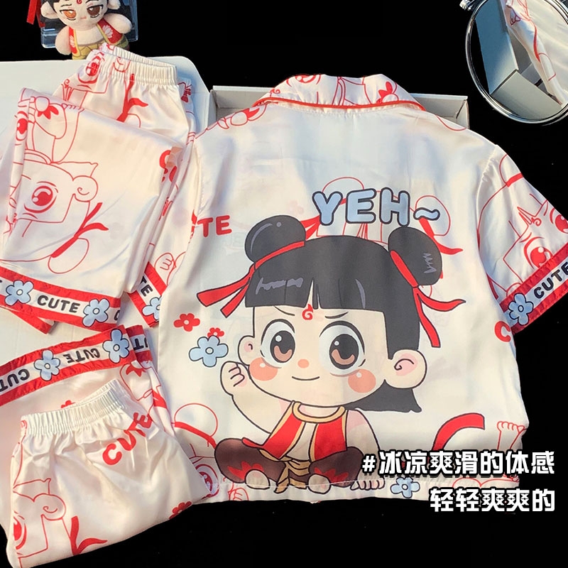 夏季儿童冰丝女孩中大童薄款卡通短袖长裤女童亲子睡衣家居服套装
